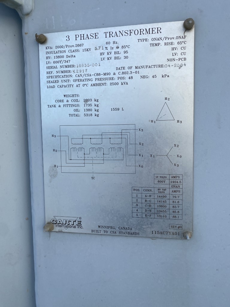 2000 KVA 13900 Primary, 600 Secondary, Carte transformer - Image 2
