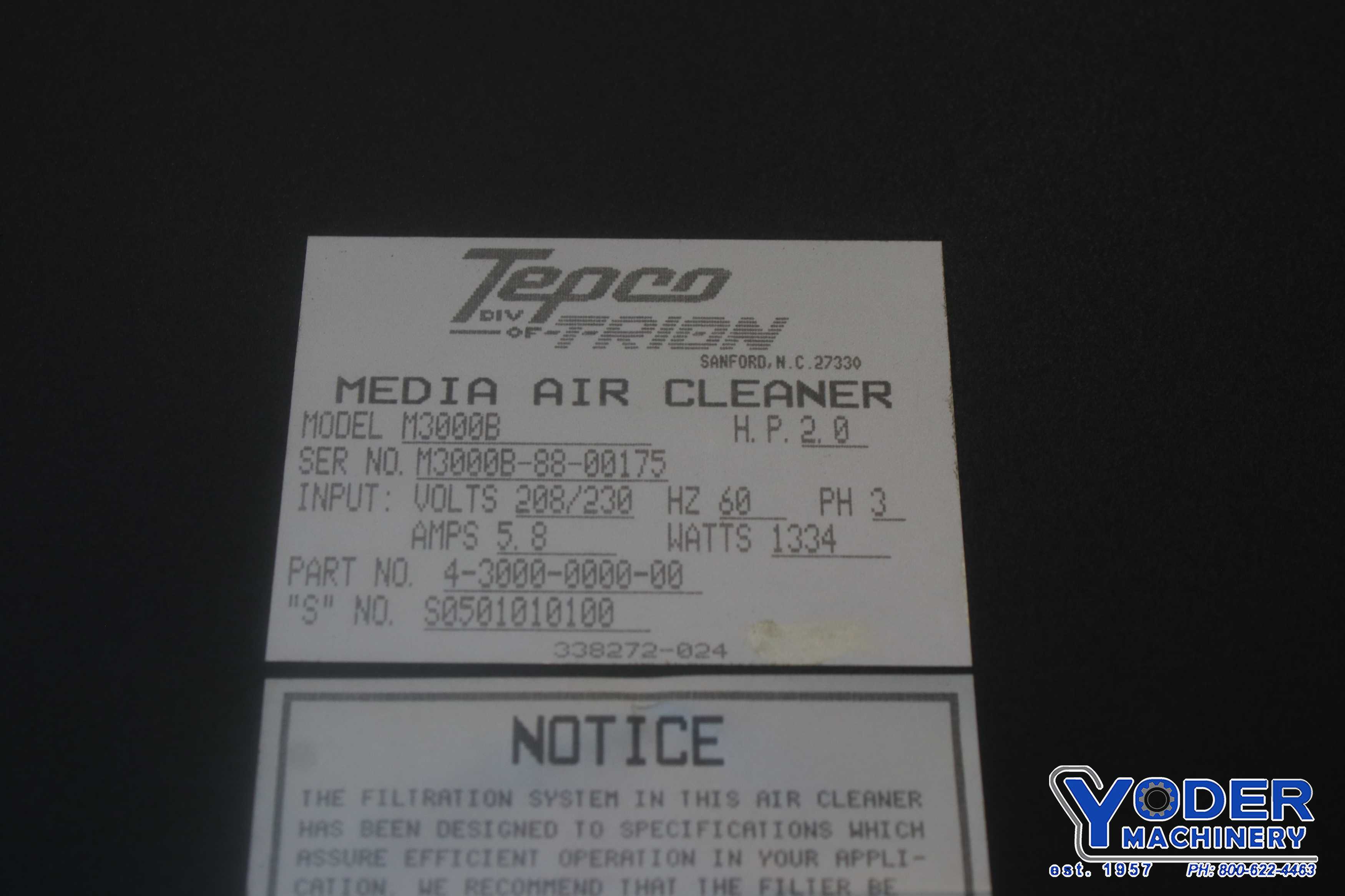 Trion, Tepco #M3000B, air filter cleaner, 2000 cfm, 24" x 24" x 4" pre-filters, 8 filter bags, 2 HP - Image 4