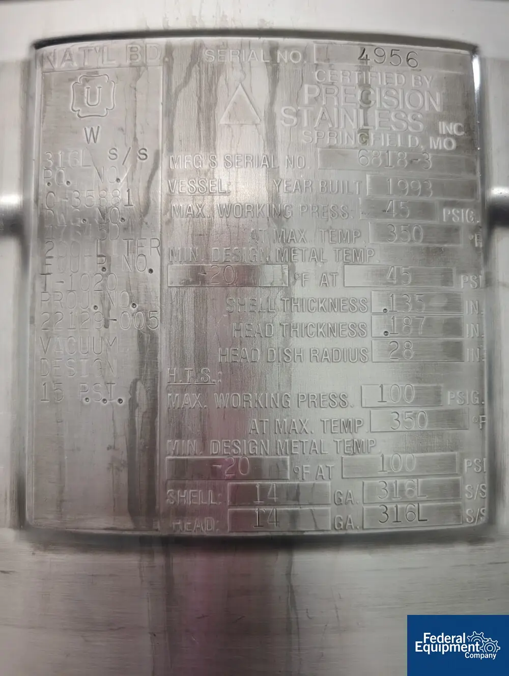 53 gallon Precision, Reactor, 316 Stainless Steel, 28" diameter x 17" straight side, dish top & bottom, 45 - Image 2