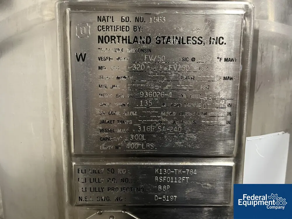 79 gallon Northland, Receiver Tank, 316L Stainless Steel, 28" diameter x 23" straight side, dish top & - Image 2