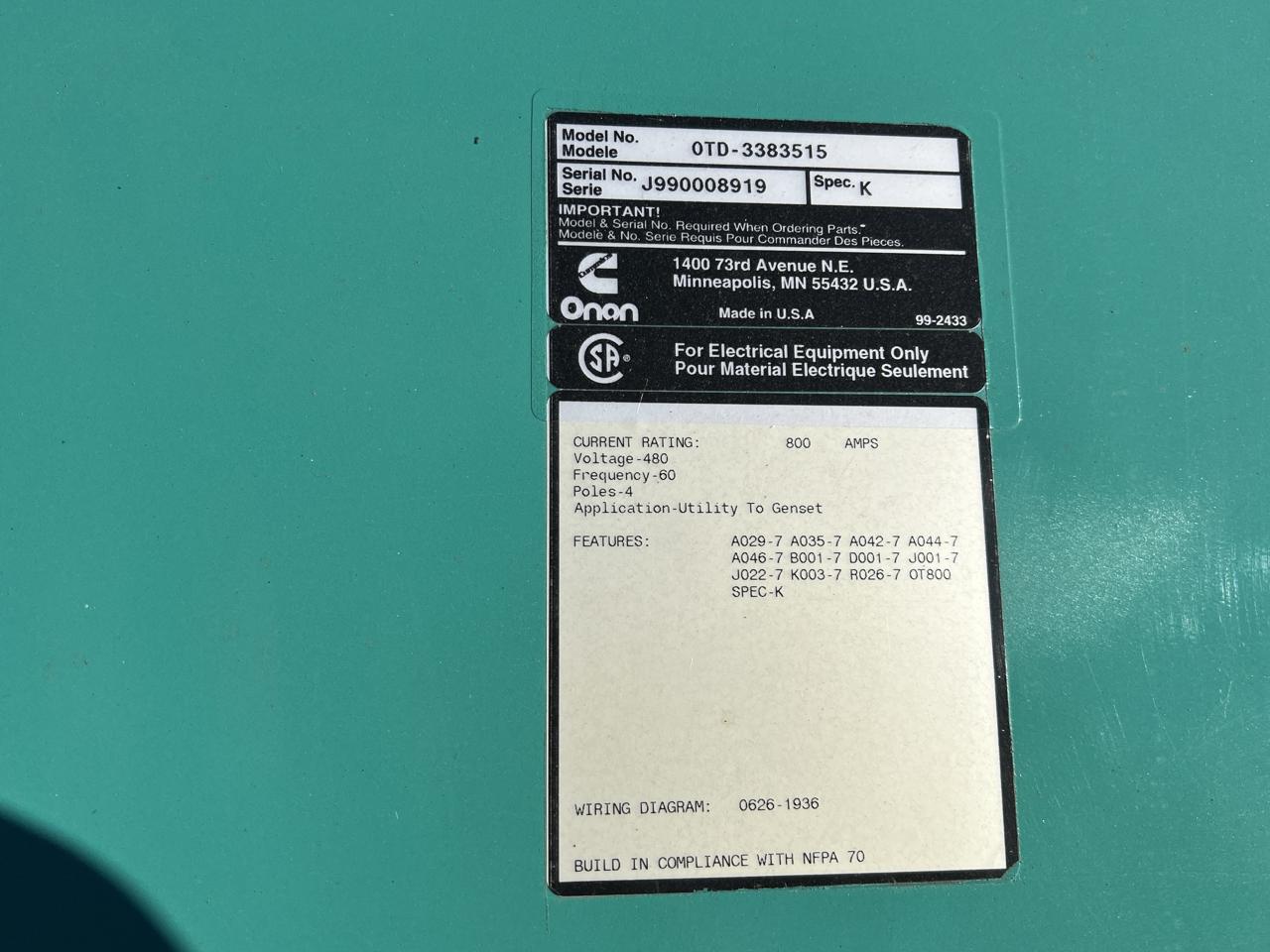 800 Amp. Onan, Cummins #OTD-3383515, automatic transfer switch, Nema 1, 480 Volts, 1999 - Image 5