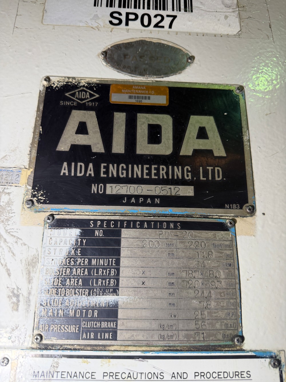 220 Ton, Aida #PD-20, 78.7" x 48", 11.8" Stroke, 24.4" Shut Height, 34 SPM - Image 6