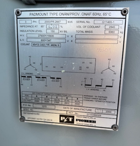 2000 KVA 27600Y/15935V Primary, 600Y/347 Secondary, Pioneer, Padmount Transformer - Image 5
