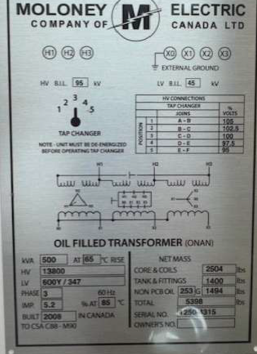 500 KVA 13800 Primary, 600Y/347 Secondary, Moloney, oil filled transformer - Image 3