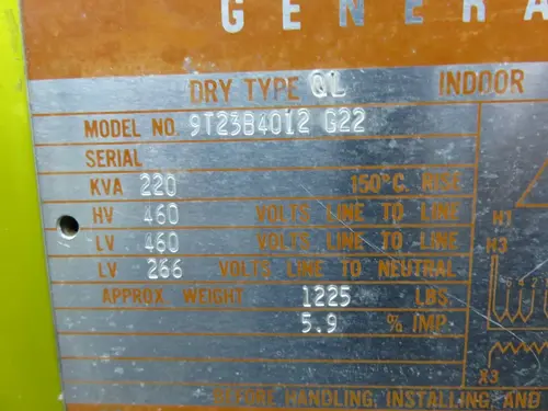 220 KVA 460 Primary, 460-266 Secondary, General Electric 9T23B4012, G22, type QL, 1 yr warranty - Image 4