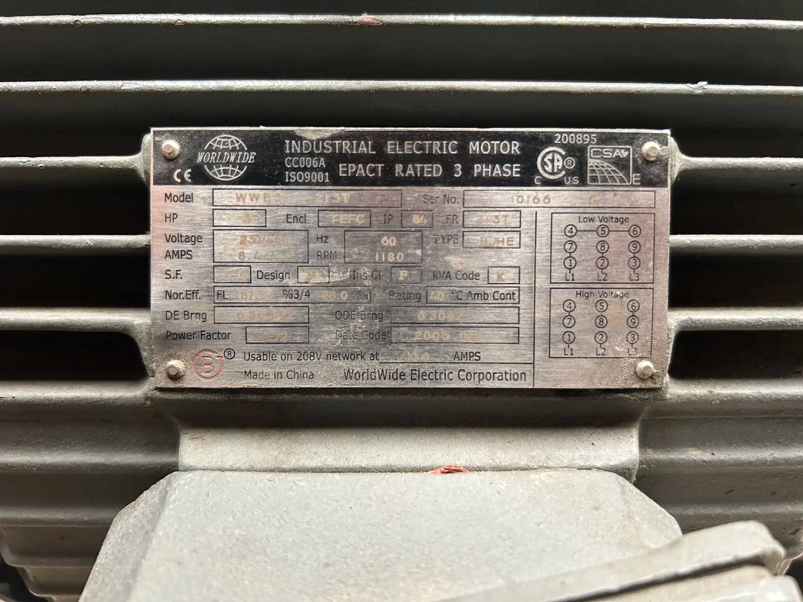 3 HP 1180 RPM Worldwide Electric Corp. Corporation, Electric Motor, Frame 213T, 8.4/4.2 amps, 230/460 Volts - Image 9