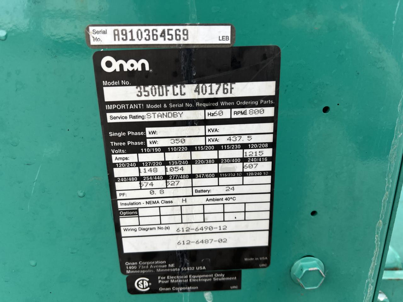 350 KW, Onan, Cummins #350DFCC-40176F, generator end with controller & breaker, 120/208 Volts, 649 hours, 1991 - Image 7