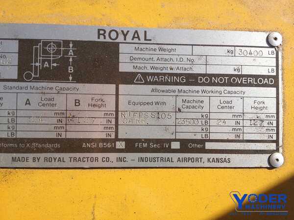 25000 lb. Royal #T250B, forklift, LPG, 120" lift height, power mast positioning, power fork adjustment, 1988 - Image 6
