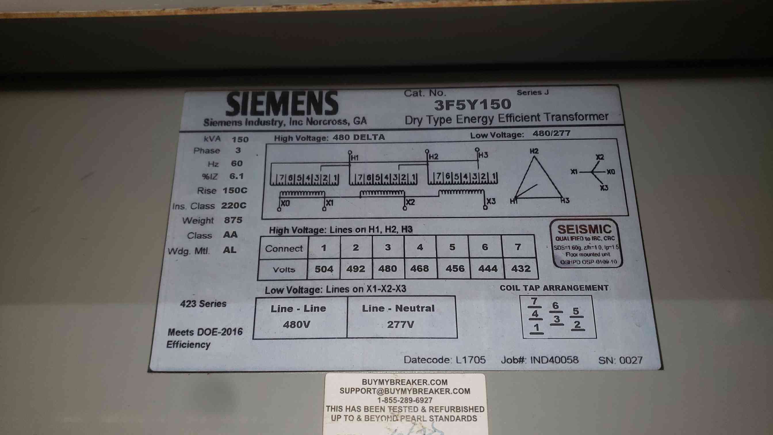 150 KVA 480 DELTA Primary, 480/277 Secondary Siemens 3F5Y150, 3PH, Transformer (2 available) - Image 6