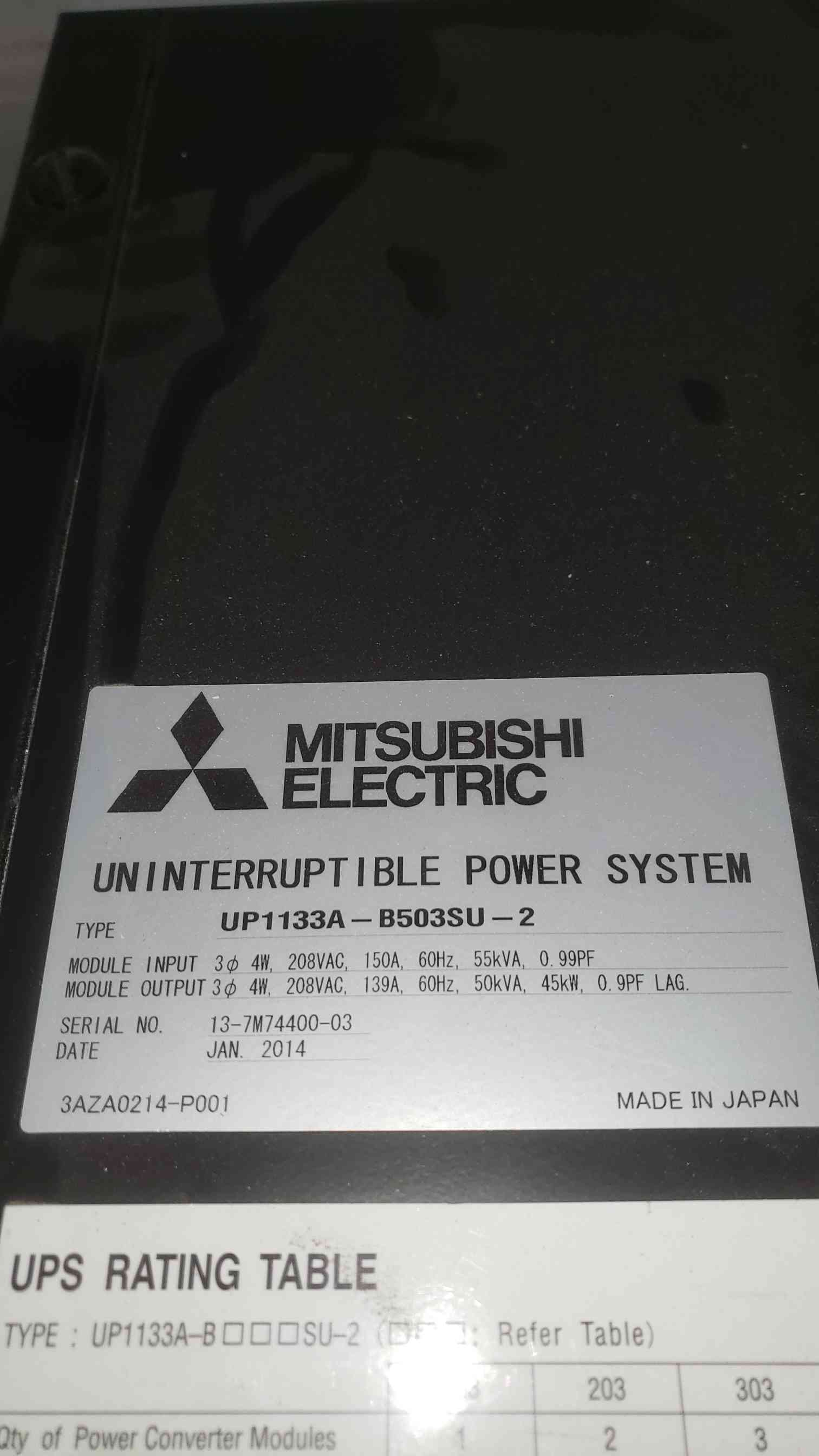 50.0 KVA Mitsubishi UP1133A-B503SU-2, uninterruptible power supplies W/ Battery Cabinet Diamond Series, 2014 - Image 2