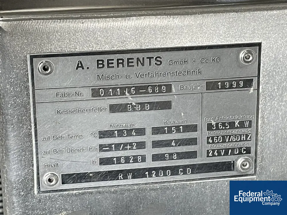 1200 Liter A Berents Becomix #RW-1200-CD + MV1000, Stainless Steel, 460 V., CE rated, upgrade 2017, 1999 - Image 5