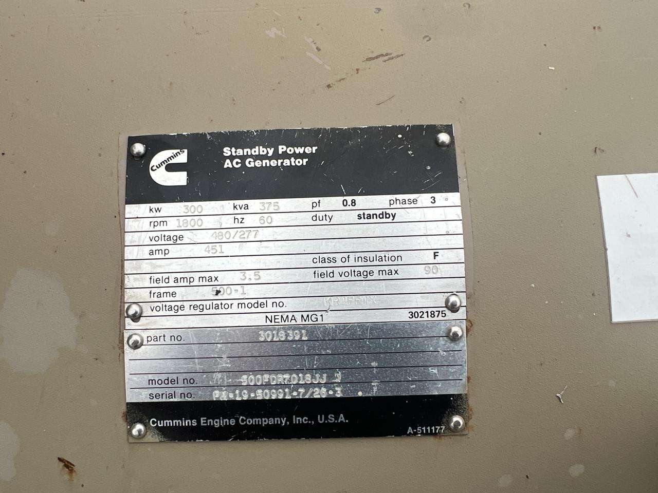 300 KW, Cummins 500FDR7018JJ, generator end with controller, 277/480 Volts, 1046 hours - Image 7