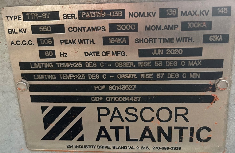 3000 Amp. Pascor, TTR-8V, 145 kv, Horizontal mount, Unused - Image 1