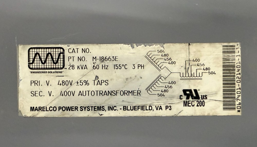 28 KVA 480 Primary, 400 Secondary, Marelco M-18663E Transformer - Image 2