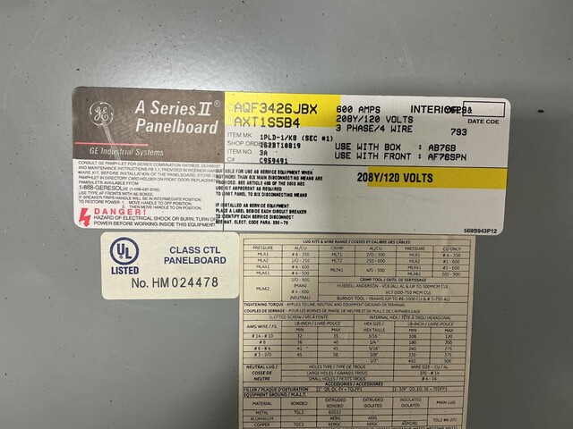 600 Amp. General Electric, AQF3426JBX Series II, panelboard, 4W, 120/208Y Volts, 3 phase - Image 4