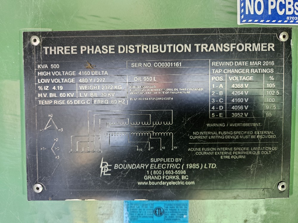 500 KVA 4160 Primary, 480Y/277 Secondary, Boundary Electric Pad Mounted Oil Transformer, 2016 - Image 7