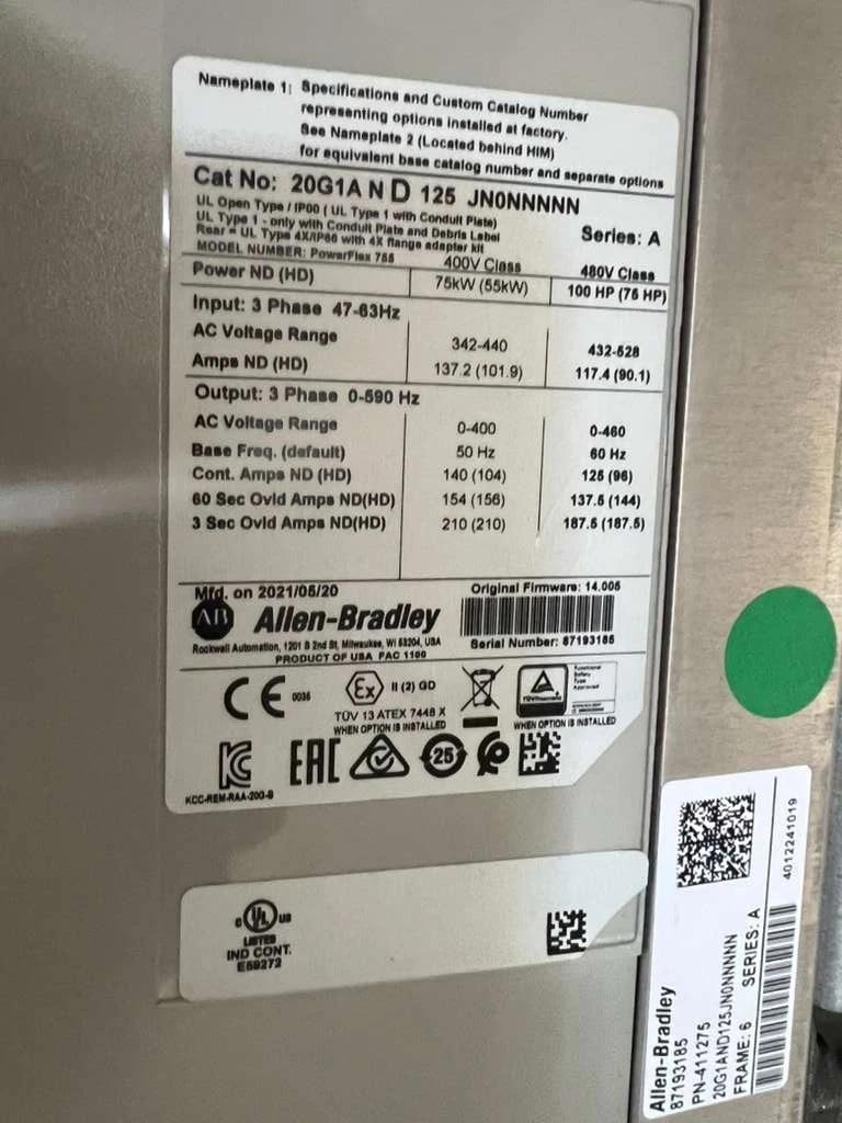 Allen-Bradley BRADLEY Powerflex 755 20G1AND125JN0NNNNN 480V 100HP DRIVE VFD NEW #CC-07 - Image 2
