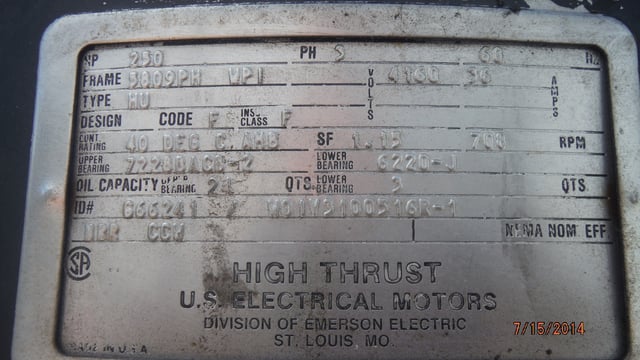 250 HP 720 RPM U.S. Motors, Frame 5809PH, WPIBB, 4160 Volts - Image 1