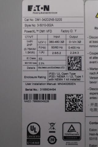 Eaton dm1-342d2nb-s20s vfd 480v 1hp powerxl stock 2893a - Image 2