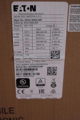 EATON POWERXL DG1 AC Drive 50/60HP DG1-34072FN-C21C 9702-4009-00P STOCK 4915A - Image 3