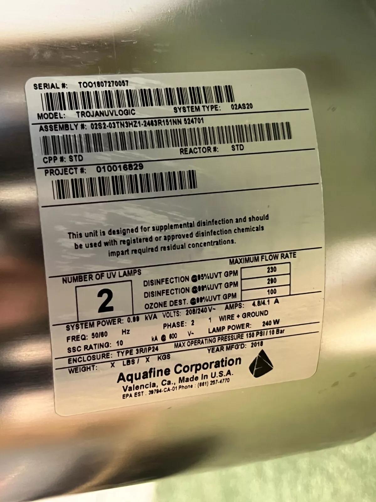Aquafine Corp. #TROJANUVLOGIC-02AS20, Water Treatment Assembly - Image 2