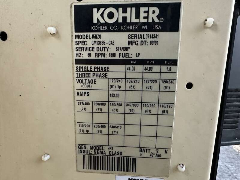 44 KW Kohler #45RZG, Natural gas LP generator set, 120/240 Volts, 1-phase, 75 HP @ 1800 RPM, GM 4.3L engine - Image 10