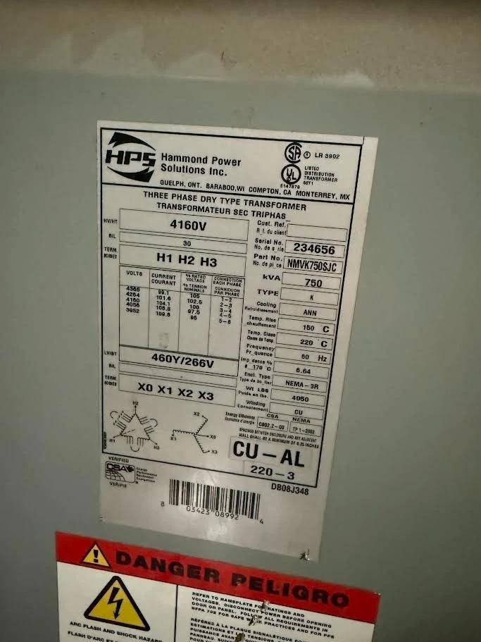 750 kva hammond power solutions nmvk750sjc dry type transformer 4160 - 460 - Image 2