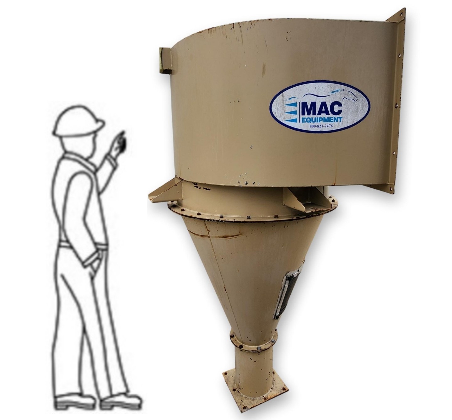 Mac cyclone, 36" dia x 122" height, Carbon steel, 25-1/4" x 10-1/2" inlet, 9-1/2" ID bottom outlet - Image 1