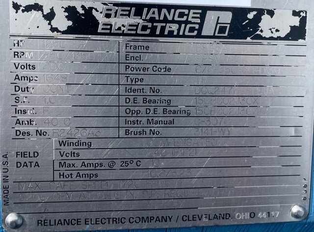 1250 HP 900 RPM Reliance, Frame B845AT, DPFVBB, 600 VA, 240 VF - Image 3