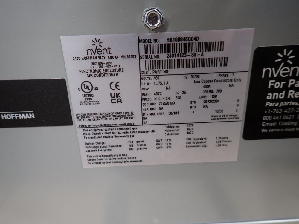 Nvent #HB160846G040, Electronic Enclosure Air Conditioner, R-407C, 7075/8133 BTU Cooling, 50/131 &deg;F Temp. - Image 2