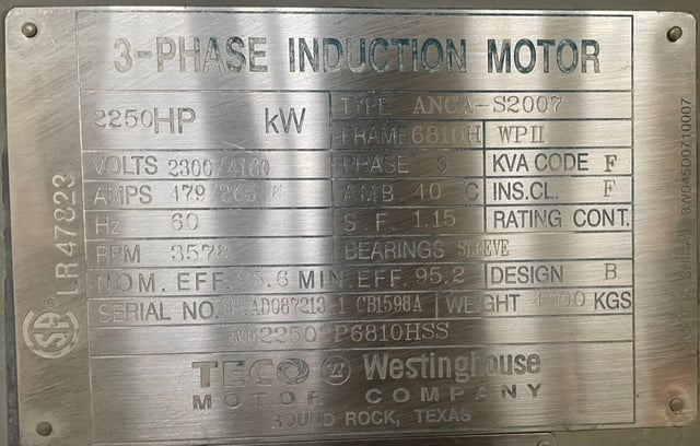 2250 HP 3600 RPM Teco Westinghouse, Frame 6810H, WPIISB, 2300/4160 Volts - Image 8