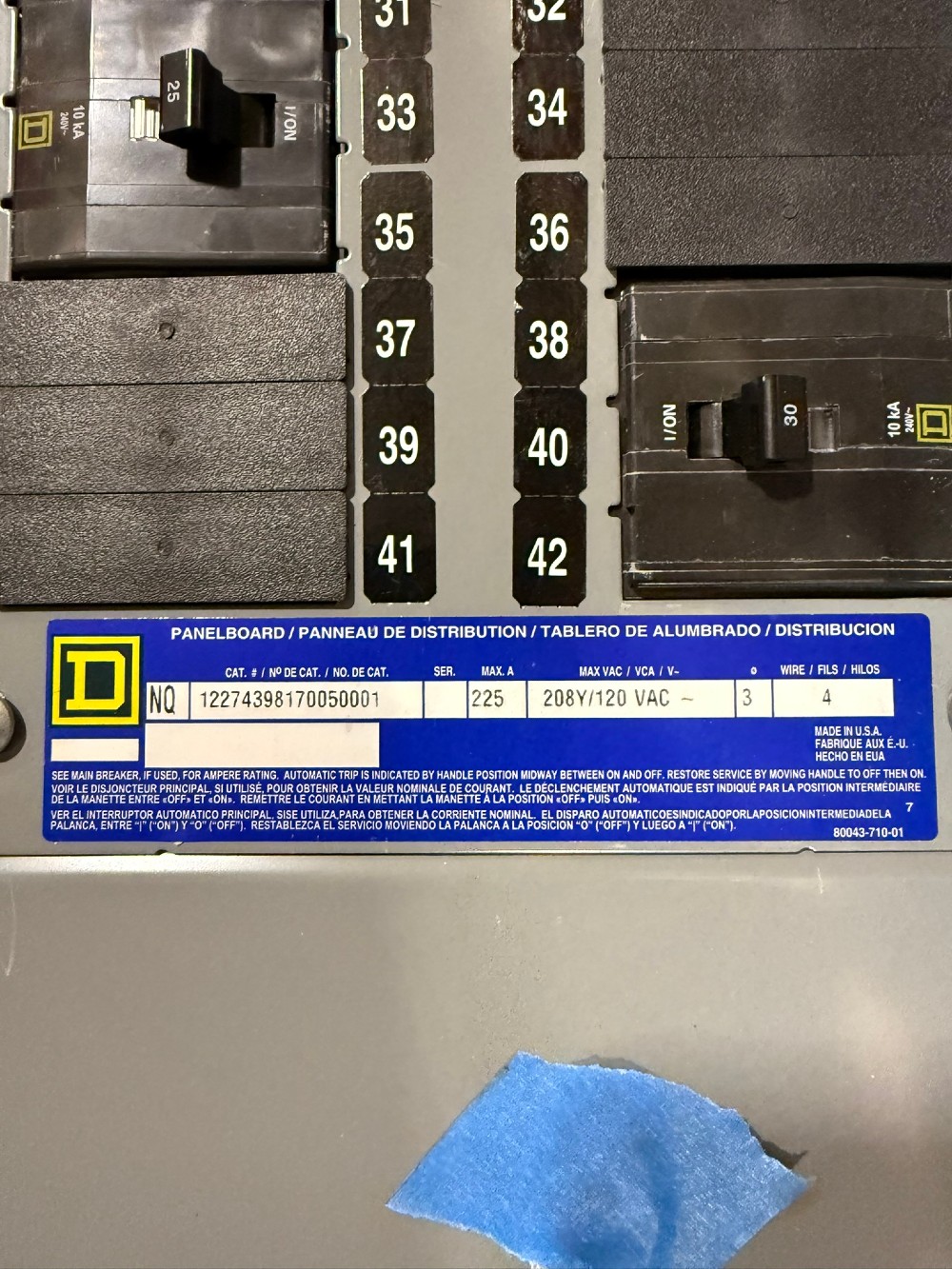 225 Amp. Square D, NC38F, Type 1 Enclosure, 3-Phase, 4-Wire, 120/208Y Volts w/ misc. breakers - Image 4