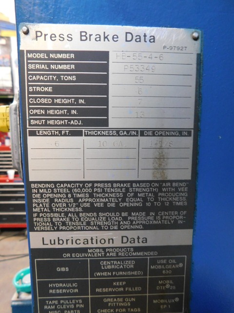 55 Ton, Niagara #HB-55-4-6, press brake, 6' overall, 10 gauge, 6" stroke, 7" Shut Height, 13" open - Image 8