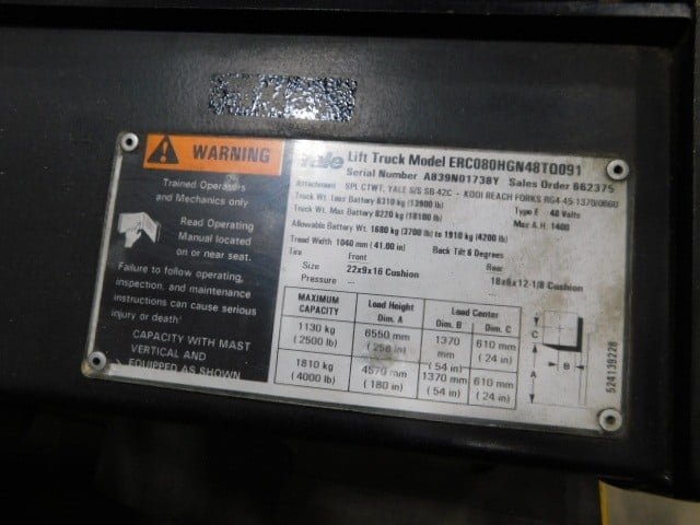 8000 lb. Yale #ERCO80HGN48Q091 Quad Mast Electric forklift with side shifter, 258" lift height - Image 7