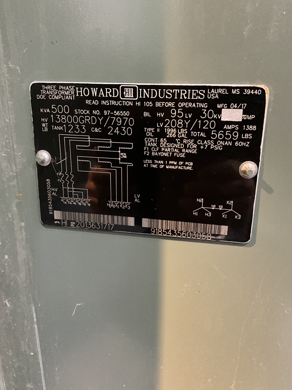 500 KVA 13800GY/7970 Primary, 208Y/120 Secondary, 3 phase, Padmount Transformer - Image 1