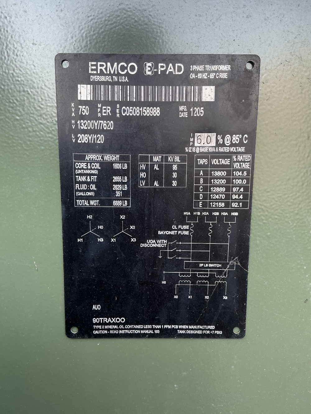 750 KVA 13200Y/7620 Primary, 208Y/120 Secondary, 3 phase, Padmount Transformer - Image 1