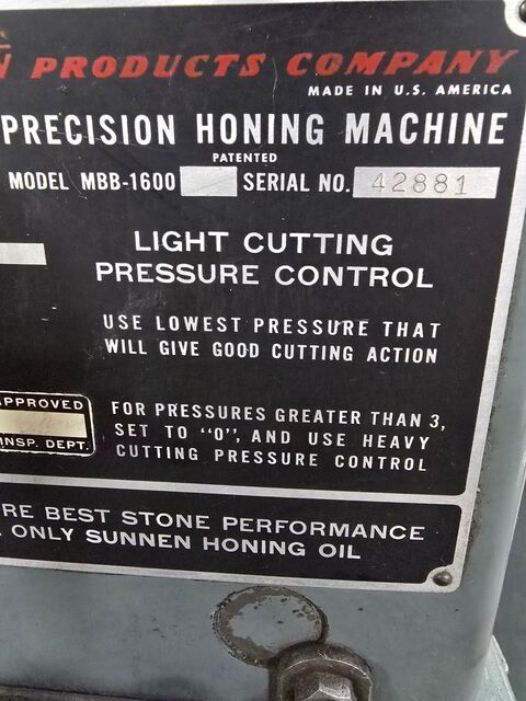 Sunnen #MBB-1600, horizontal hone, 6.5" ID, 200-1600 RPM, work light, 110 V., tooling - Image 8