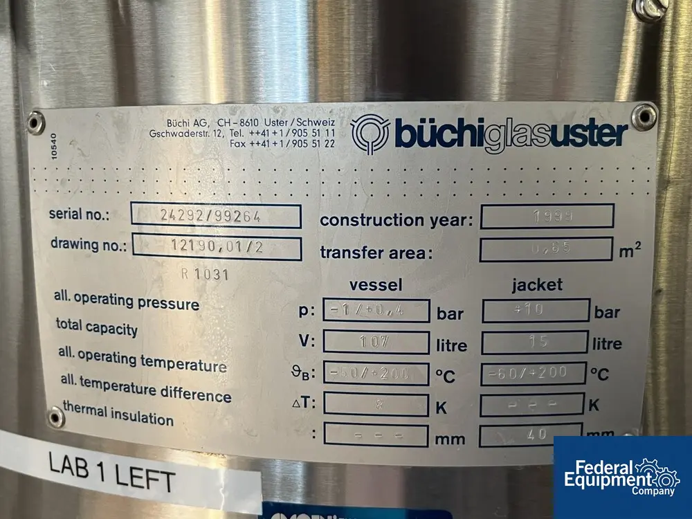 107/107 Liter Buchi, Kilo Lab Reactor Train System, Glass Lined, variable speed, 1999 - Image 3