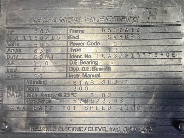 400 HP 1200 RPM Reliance, Frame B587ATZ, DPFVBB, 500 VA, 300 VF - Image 3