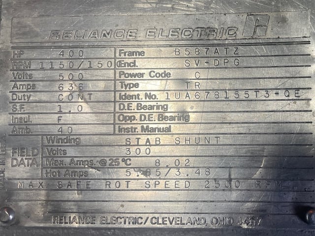 400 HP 1200 RPM Reliance, Frame B587ATZ, DPFVBB, 500 VA, 300 VF - Image 6