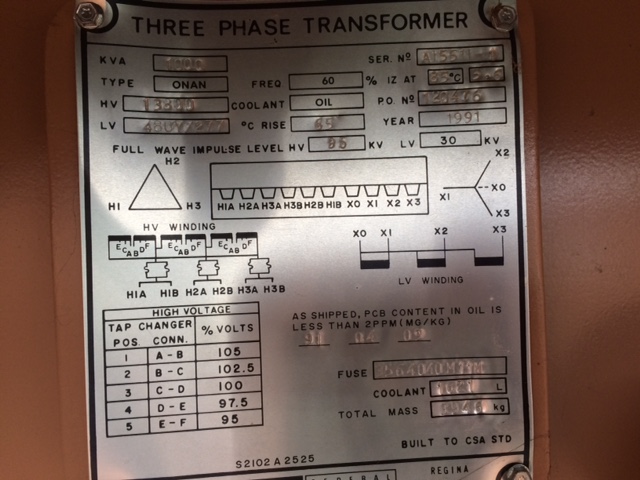 1000 KVA 13800 Delta Primary, 480Y/277 Secondary, Pad (2)2.5% A & BN Imped=5.6% - Image 1