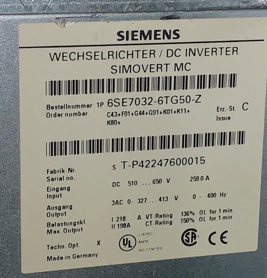 218 Amp. 510 to 650 VDC to 0 to 413 VAC, 3 Phase Siemens, SIMOVERT MC 6SE7032 6TG50 Z DC Inverter Drive - Image 3