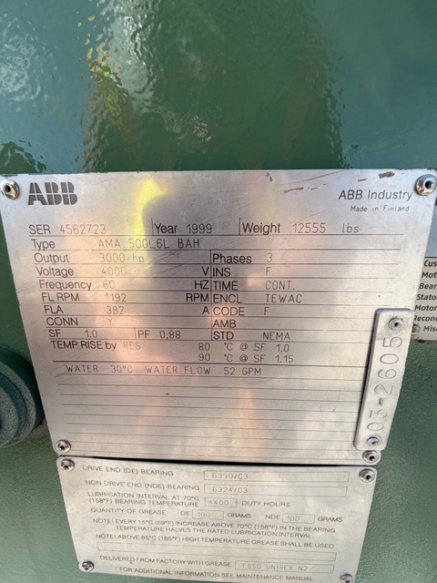 3000 HP 1192 RPM ABB, Frame 500L6L, TEWAC, Ball, 0.88 PF, 4000 Volts, New Surplus - Image 1
