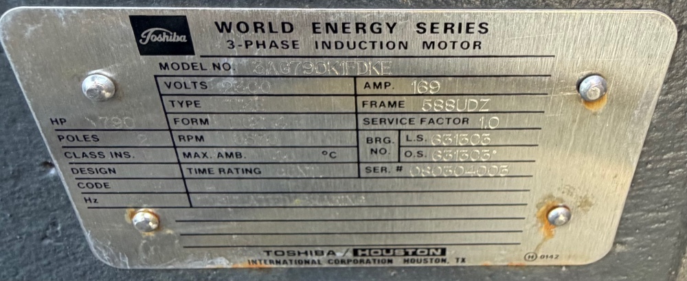 790 HP 3570 RPM Toshiba, Frame 588UDZ, weather protected enclosure type 2, 2300 Volts, Rebuilt - Image 1