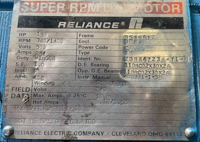 150 HP 400 RPM Reliance, Frame B588ATZ, DPFVBB, 500 VA, 240 VF - Image 4