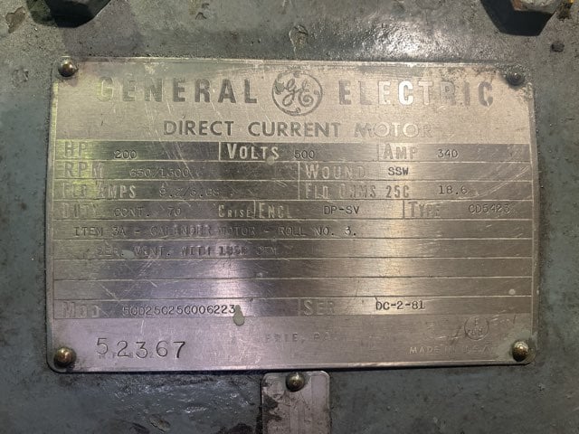 200 HP 650 RPM General Electric, Frame 5423, DPFVBB, 500 VA (2 available) - Image 1