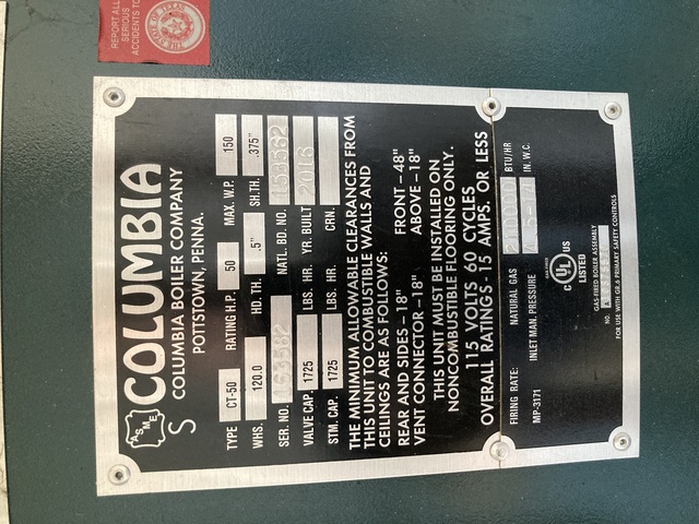 50 HP 150 PSI Columbia #CT-50, Steam Boiler, 2016 - Image 2