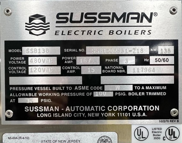 Sussman #SSB138, Electric Steam Boiler, Stainless Steel, 138 kW, 480V 3-Phase, ASME, w/Shipco Pumps - Image 2