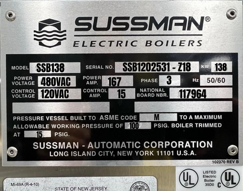 Sussman #SSB138, Electric Steam Boiler, Stainless Steel, 138 kW, 480V 3-Phase, ASME, w/Shipco Pumps - Image 3