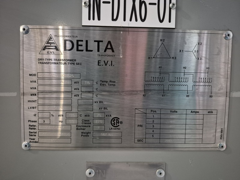 75 KVA 600 Primary, 208Y/120 Secondary, Delta EVI #CDTC0075-S001525, Dry Type Distribution Transformer, Nema - Image 2